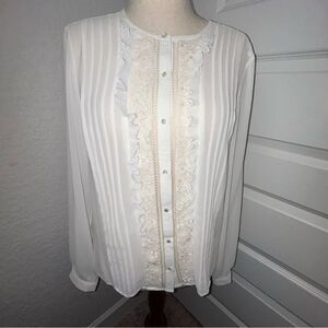Nanette Lepore Pleated Ruffle Button Front Long Sleeve Blouse Shirt Top